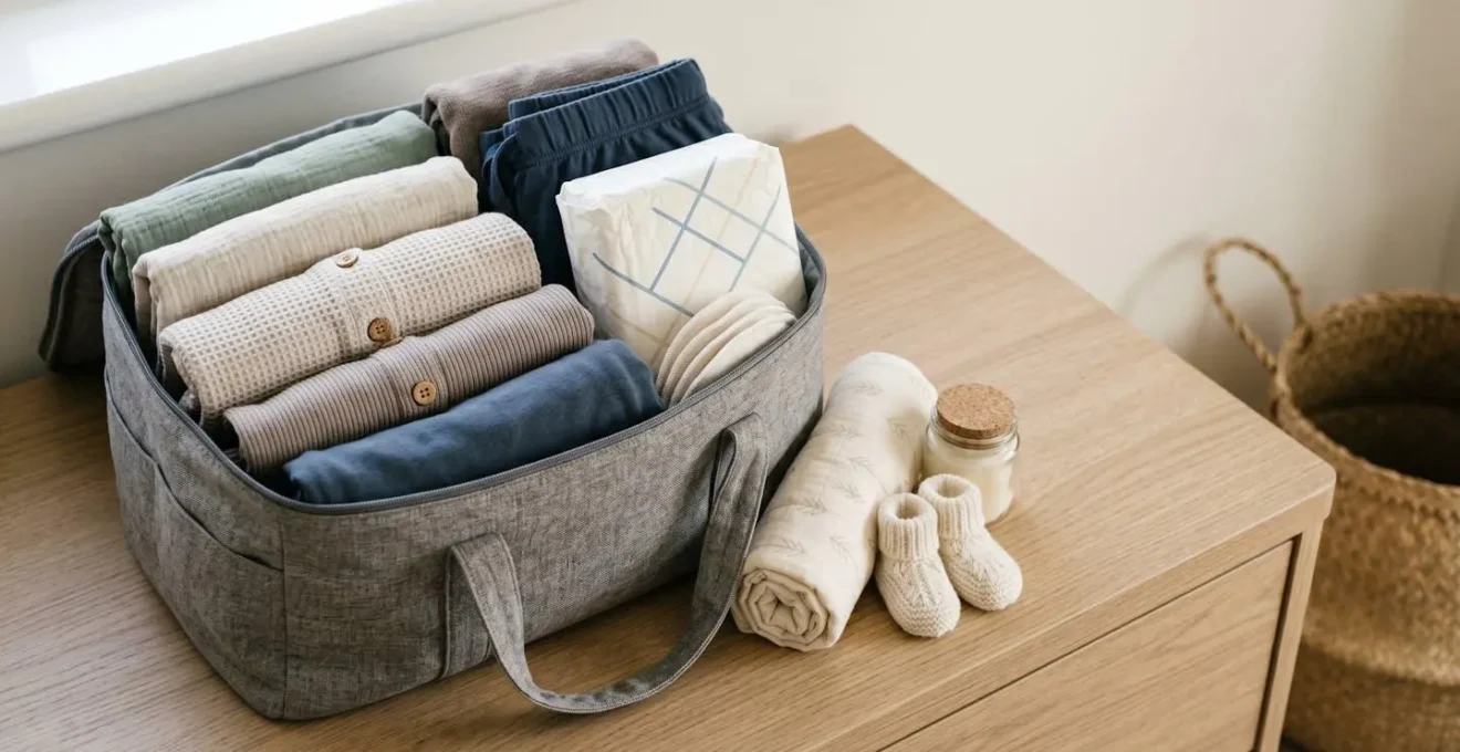 Organized hospital bag with essential items for NHS postnatal ward stay