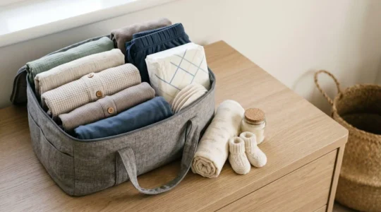 Organized hospital bag with essential items for NHS postnatal ward stay