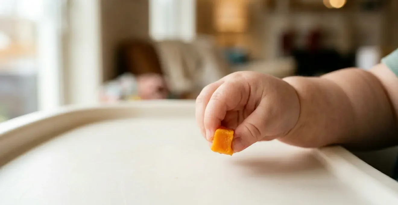 Close-up of baby's hand delicately picking up small food piece using pincer grasp during independent feeding