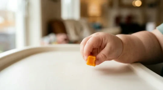Close-up of baby's hand delicately picking up small food piece using pincer grasp during independent feeding