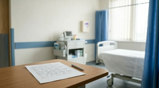 Clean minimalist scene showing a one-page birth plan document with essential preferences clearly visible, emphasizing simplicity and clarity for busy healthcare professionals