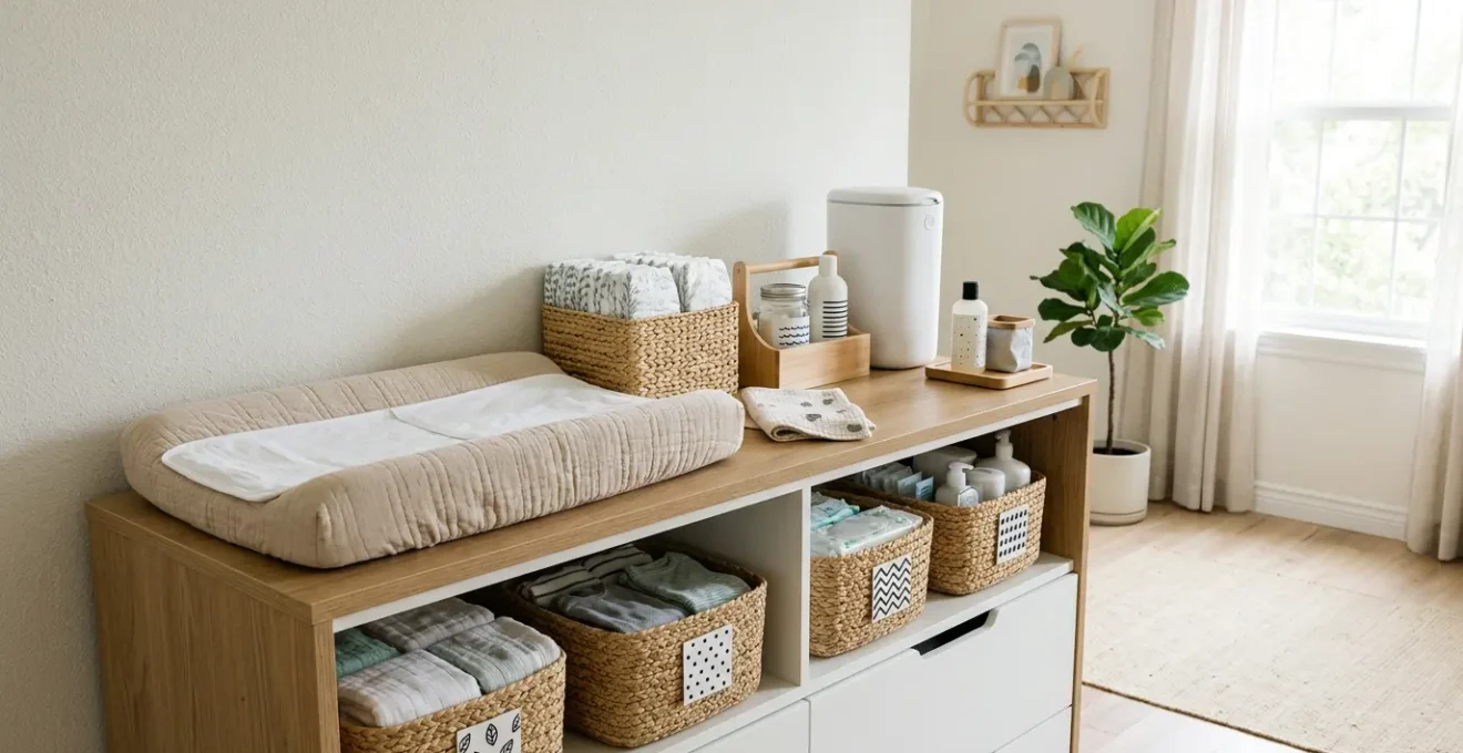 An organized baby changing station with a three-zone layout showing nappies, wipes, and disposal bins within easy reach