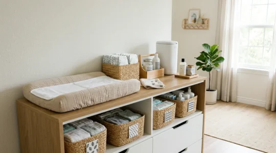 An organized baby changing station with a three-zone layout showing nappies, wipes, and disposal bins within easy reach