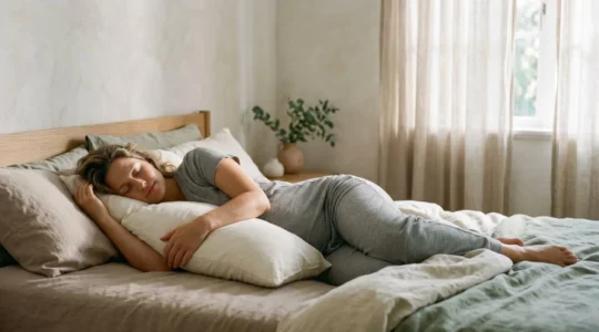 Expecting mother sleeping peacefully on left side with supportive pillows during third trimester