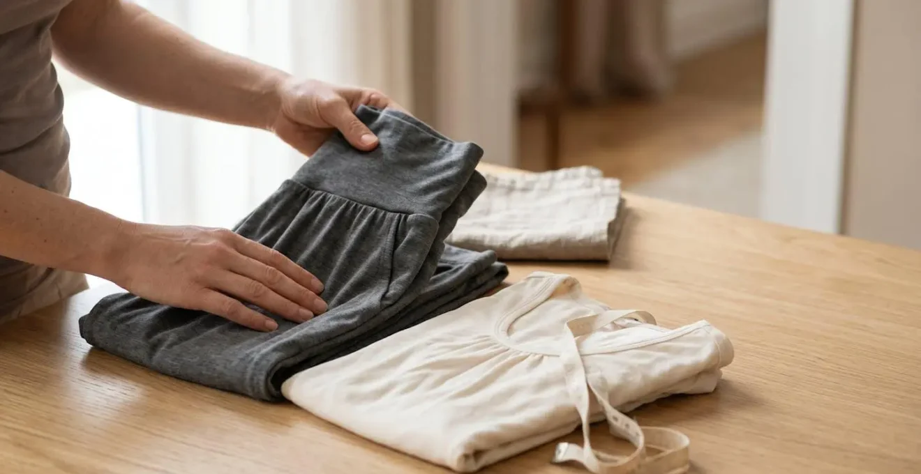 Soft natural light photograph showing hands gently holding folded comfortable clothing on a neutral surface with negative space
