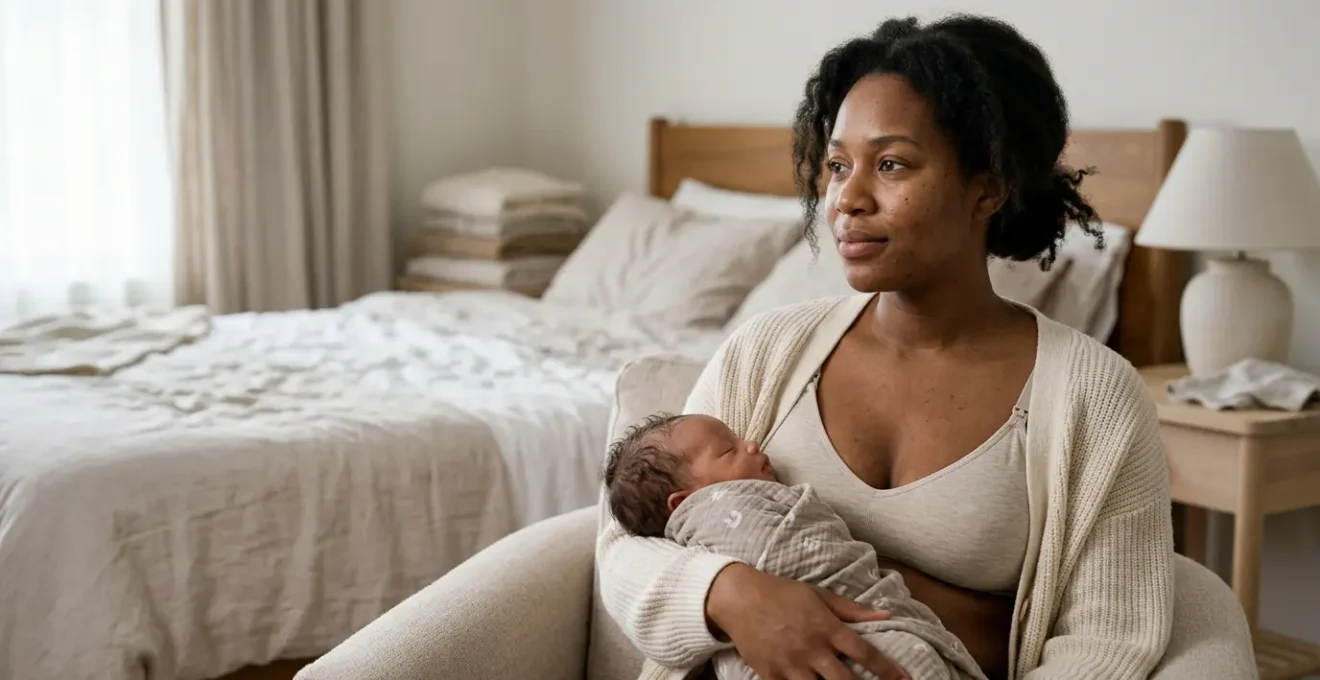 Woman experiencing natural postpartum breast changes in soft natural light