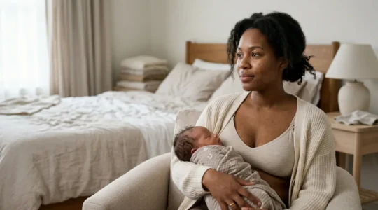 Woman experiencing natural postpartum breast changes in soft natural light
