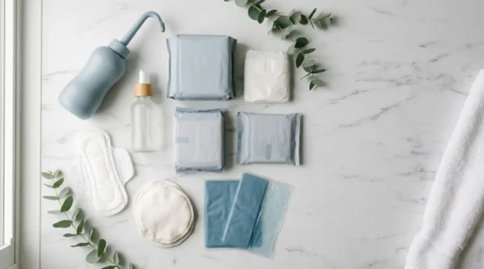 Postpartum recovery essentials arranged on clean bathroom surface with soft natural light