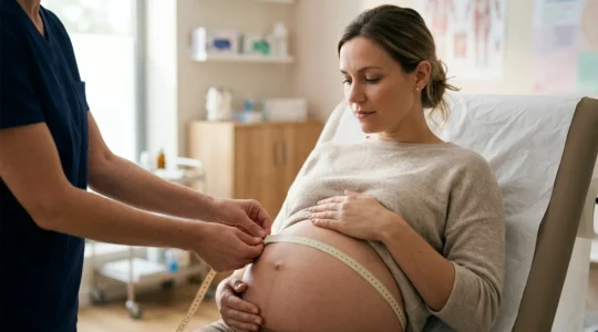 Pregnant woman during fundal height measurement consultation with healthcare provider