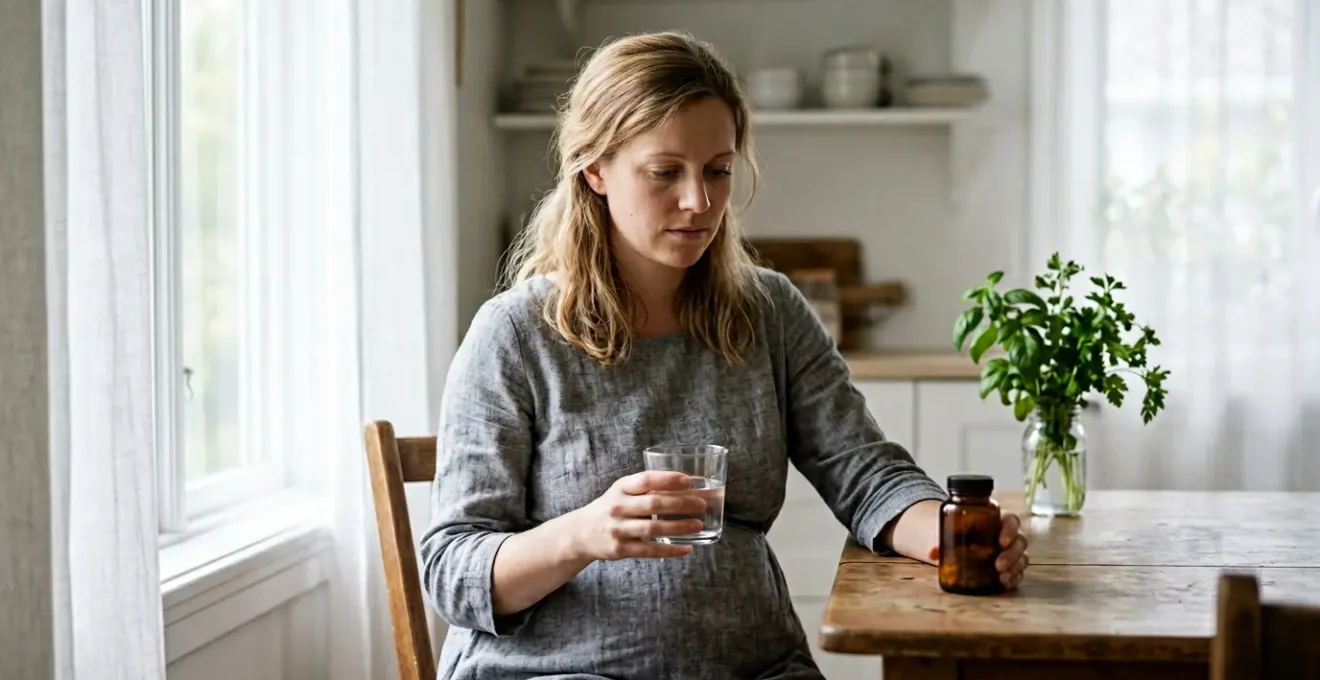 A pregnant woman in early pregnancy sitting by a window with gentle morning light, managing prenatal vitamin routine