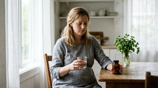 A pregnant woman in early pregnancy sitting by a window with gentle morning light, managing prenatal vitamin routine