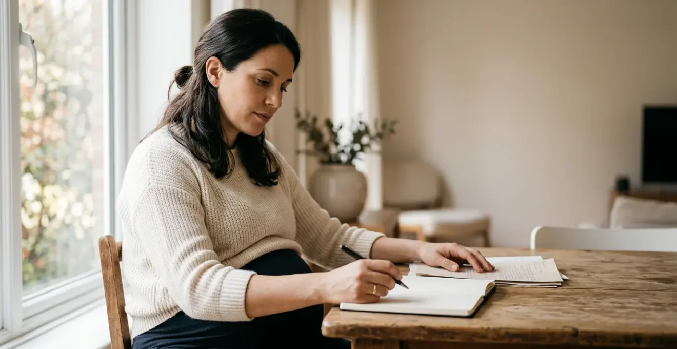 Expectant mother thoughtfully reviewing support network resources during third trimester pregnancy