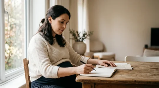 Expectant mother thoughtfully reviewing support network resources during third trimester pregnancy