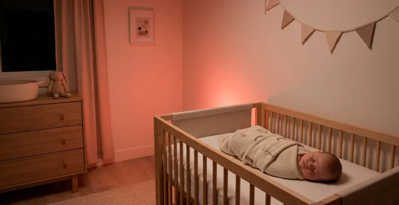 Peaceful nursery bathed in warm red glow from nightlight with sleeping baby in crib, demonstrating melatonin-preserving lighting