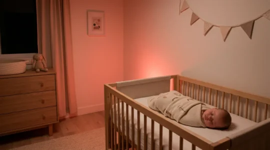 Peaceful nursery bathed in warm red glow from nightlight with sleeping baby in crib, demonstrating melatonin-preserving lighting