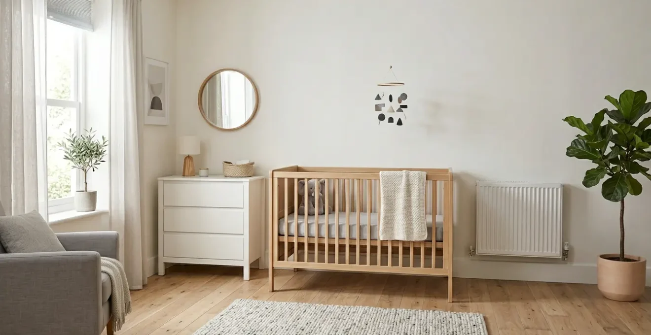 Modern nursery interior showing safe cot placement away from window and radiator with clear wall space