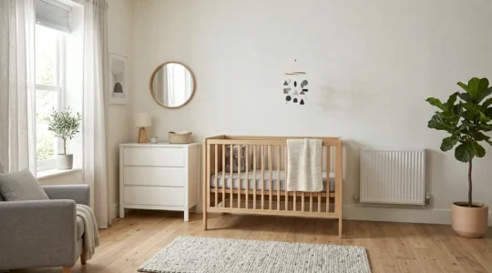 Modern nursery interior showing safe cot placement away from window and radiator with clear wall space