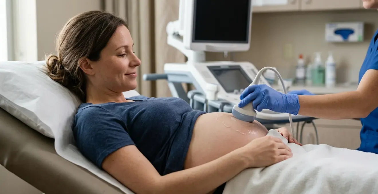 Pregnant woman receiving detailed ultrasound examination during mid-pregnancy anomaly scan