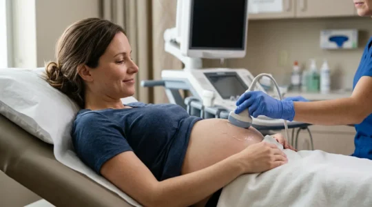 Pregnant woman receiving detailed ultrasound examination during mid-pregnancy anomaly scan