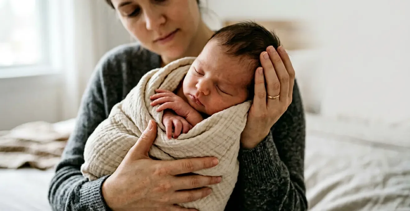 Peaceful moment of new parent tenderly holding newborn baby with soft natural window light creating warm atmosphere