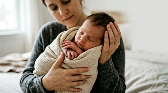 Peaceful moment of new parent tenderly holding newborn baby with soft natural window light creating warm atmosphere