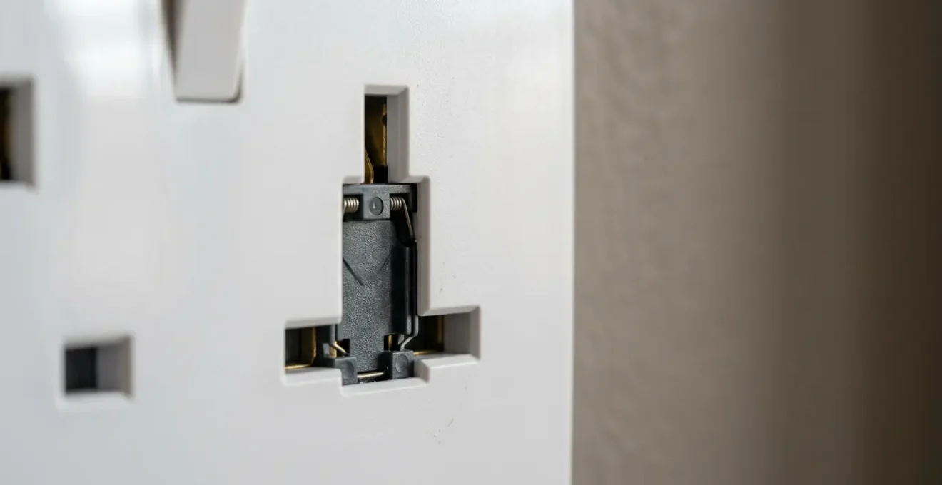 Close-up of a British BS 1363 electrical socket showing the integrated child safety shutter mechanism, highlighting built-in protection features