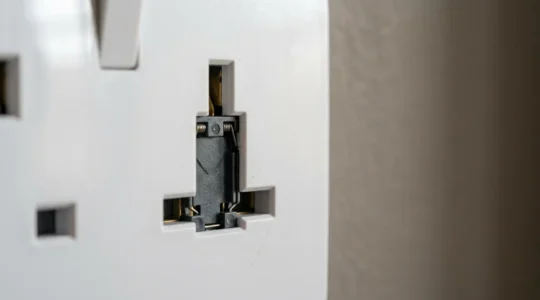 Close-up of a British BS 1363 electrical socket showing the integrated child safety shutter mechanism, highlighting built-in protection features