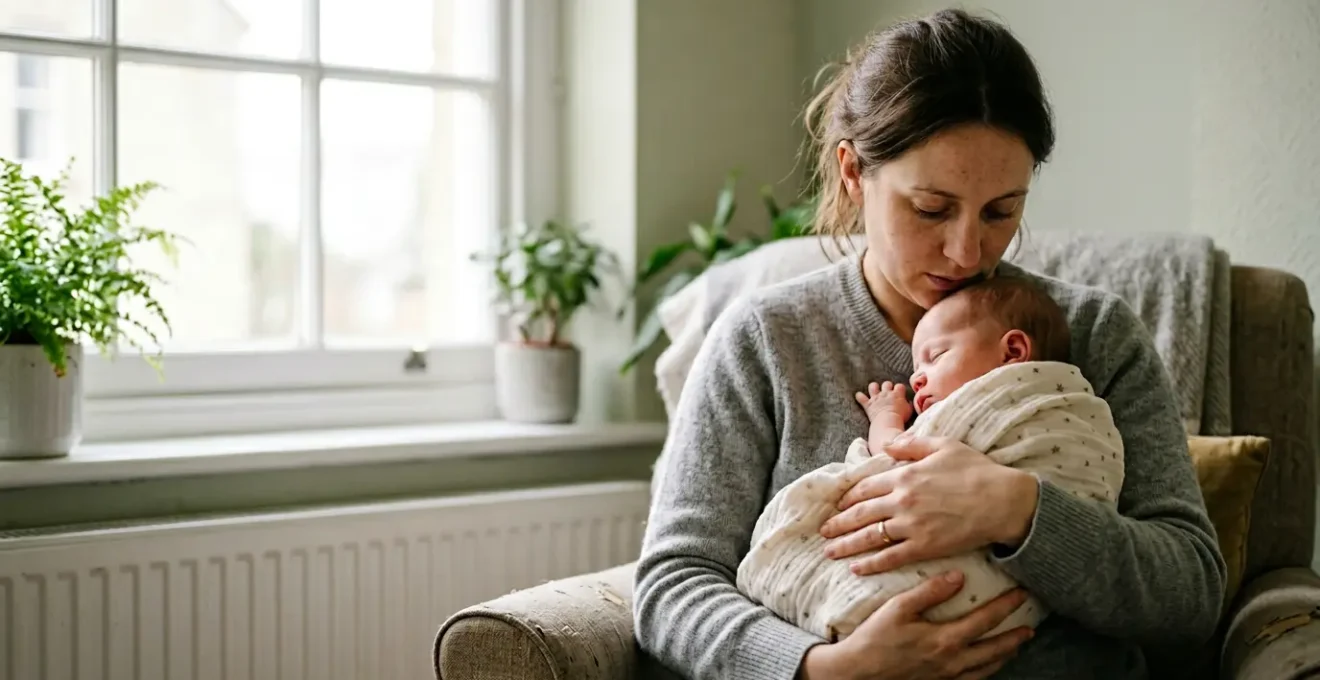 Close-up portrait of a contemplative new mother in soft natural light, expressing both hope and uncertainty about her breastfeeding journey