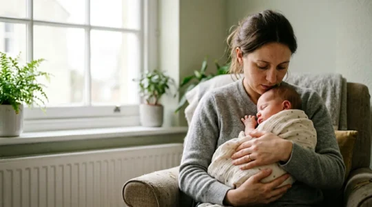 Close-up portrait of a contemplative new mother in soft natural light, expressing both hope and uncertainty about her breastfeeding journey