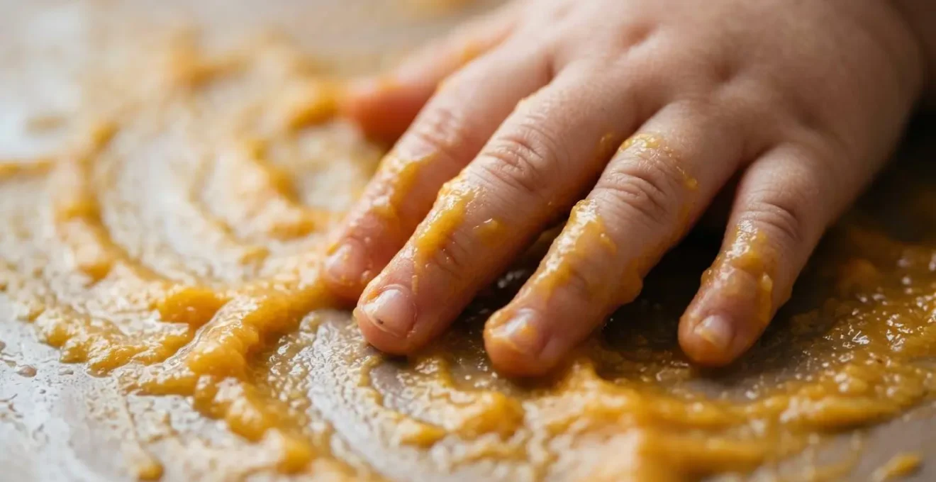 Infant hands engaged in messy sensory play with natural materials during development