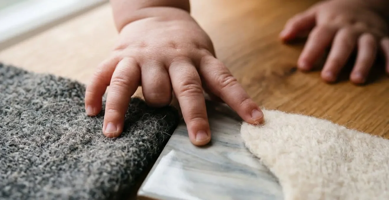 Macro close-up of baby hands exploring different textured objects
