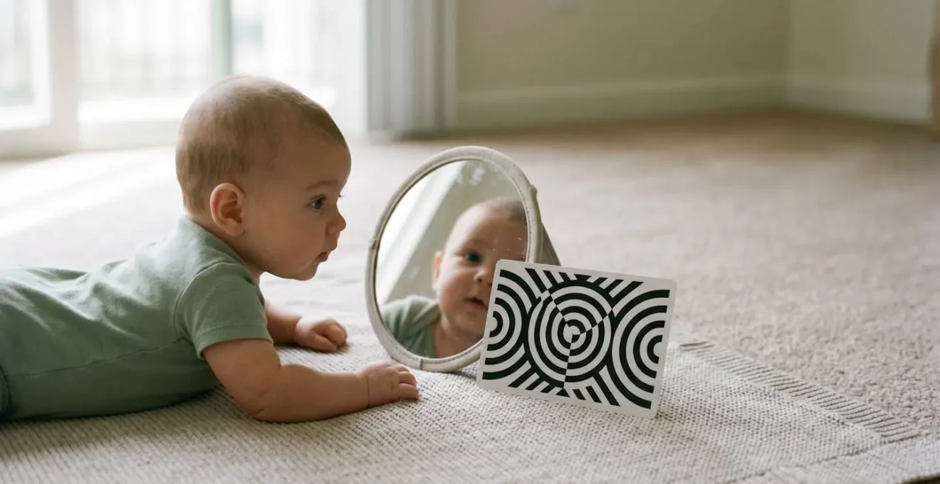 Young baby during tummy time looking at their reflection in an unbreakable mirror with a high-contrast black and white card nearby.