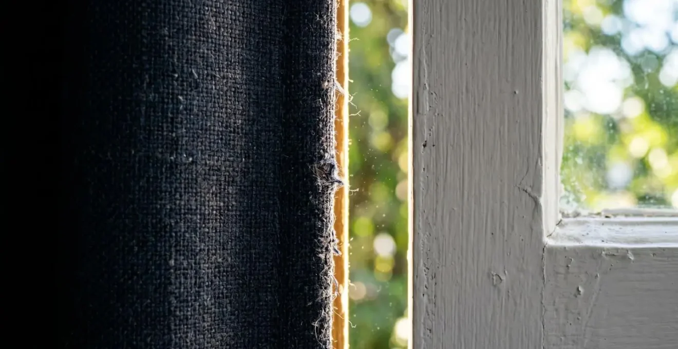 Close-up macro view of light leaking through the edge gap between a blackout curtain and window frame