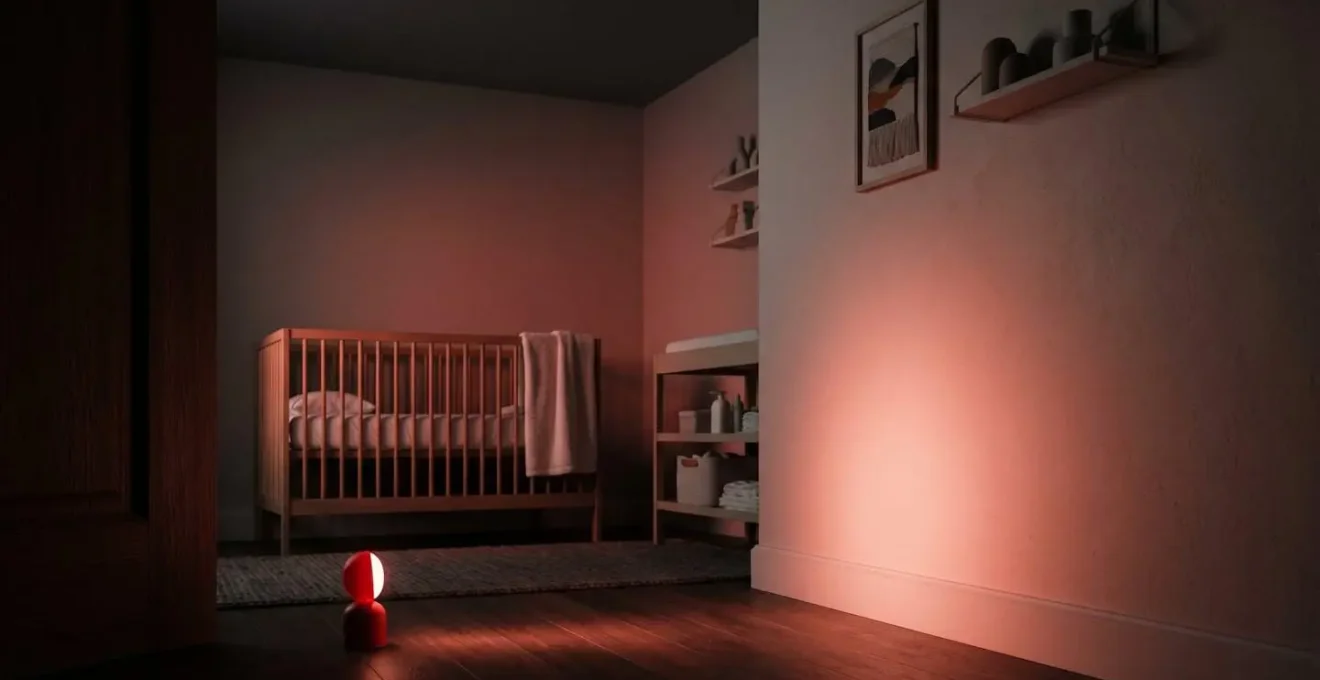 Demonstration of indirect bounce lighting technique showing red nightlight positioned low facing wall creating soft diffused ambient glow in nursery
