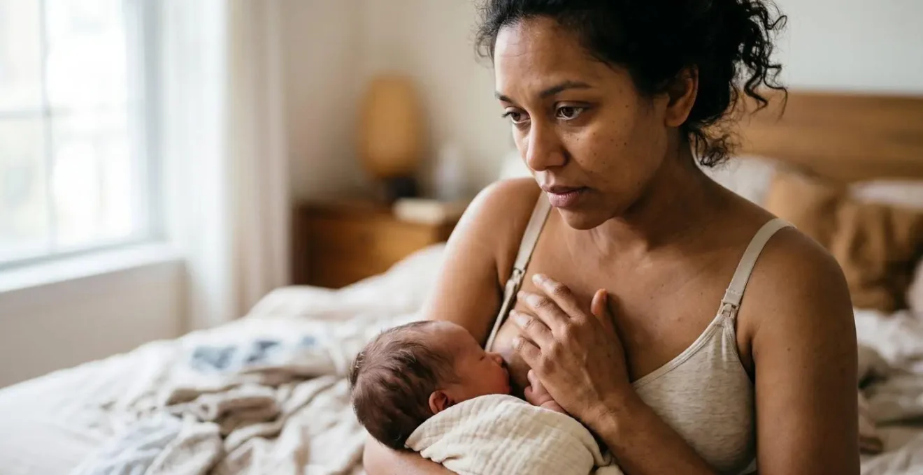Intimate supportive moment between mother and newborn during early breastfeeding journey