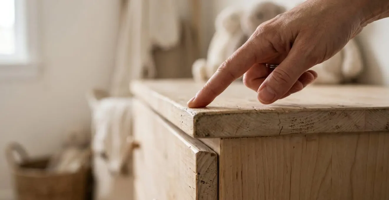 Close-up of hands performing one-finger stability test on dresser edge demonstrating furniture tipping physics