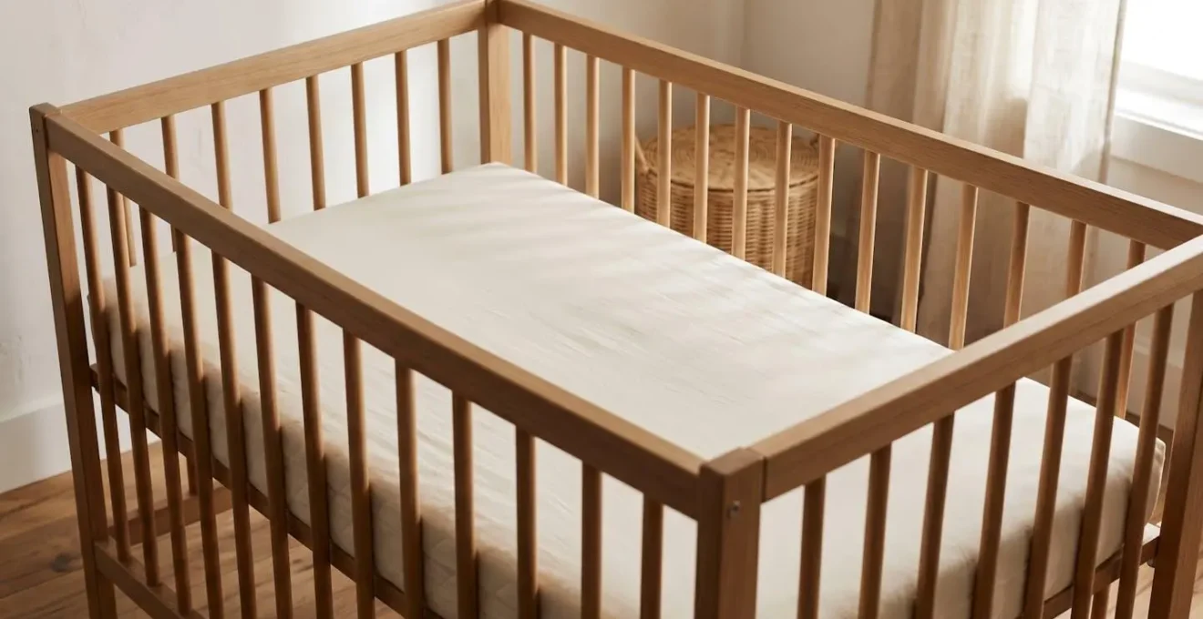 Minimalist baby cot interior showing only firm mattress with fitted sheet demonstrating bare cot safety principle