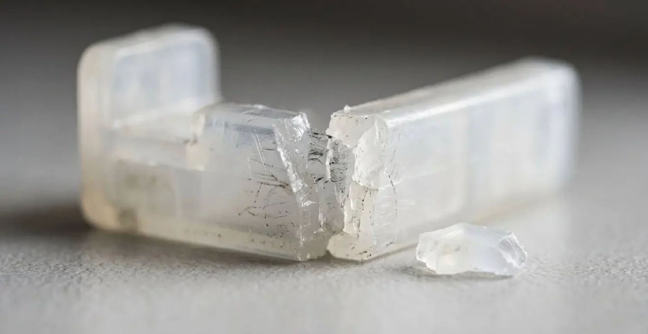 Macro photograph of a failed plastic cabinet latch showing visible stress fractures and material fatigue from repeated use