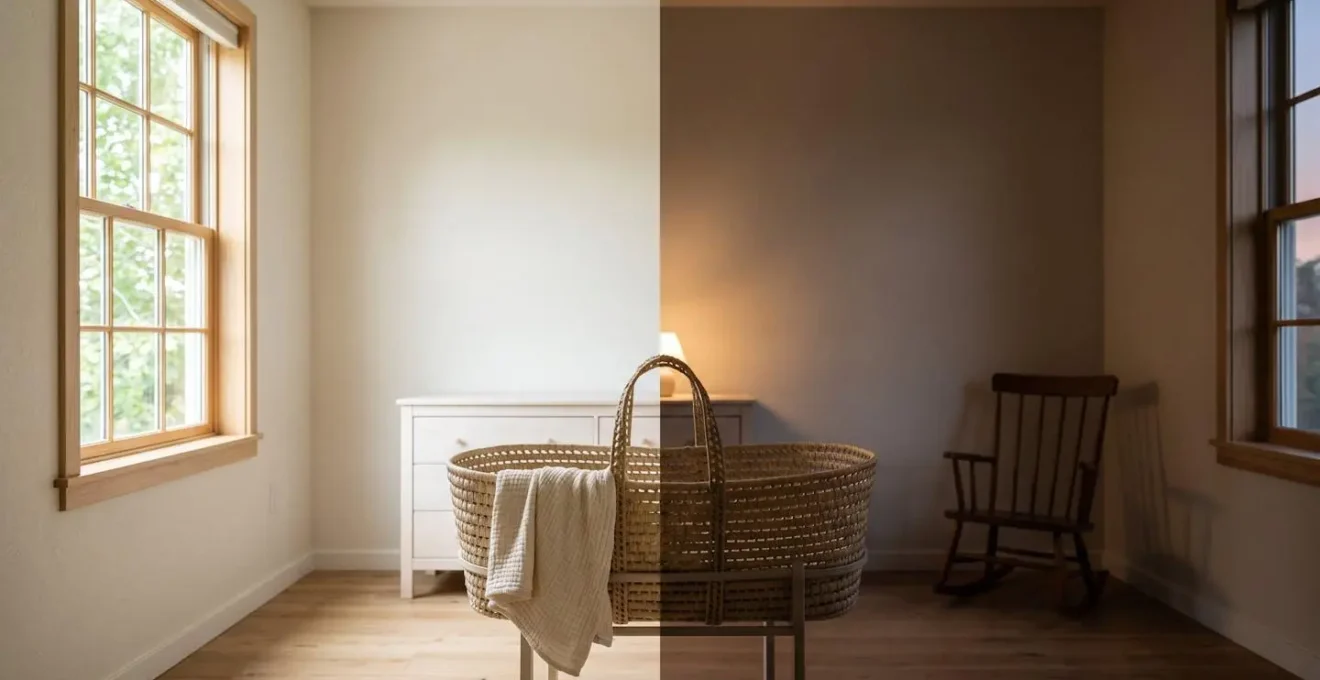 Symbolic split-scene photograph contrasting bright daylight and dim nighttime environments for infant circadian development
