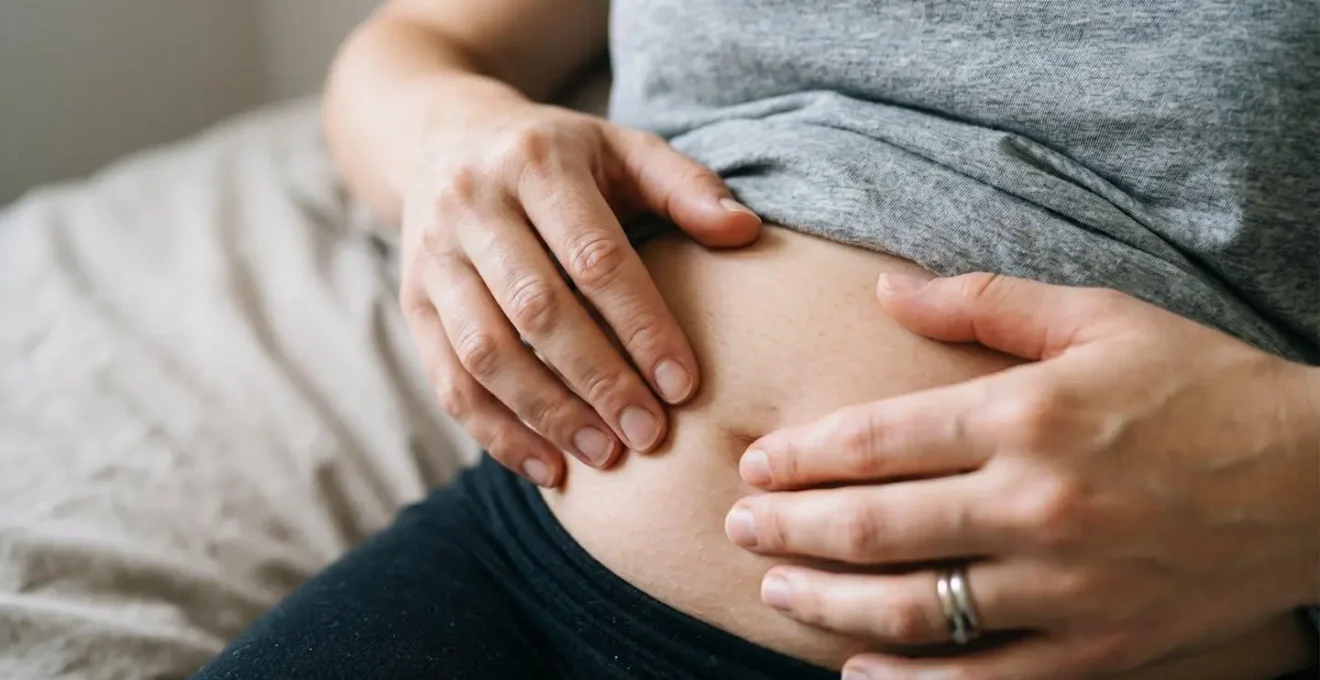 Close-up of hands performing gentle abdominal self-assessment for diastasis recti screening