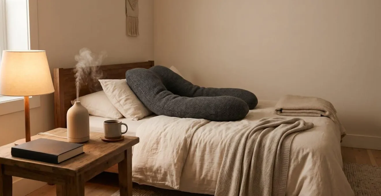 Serene evening scene with warm ambient lighting showing pregnancy-friendly relaxation elements without digital devices