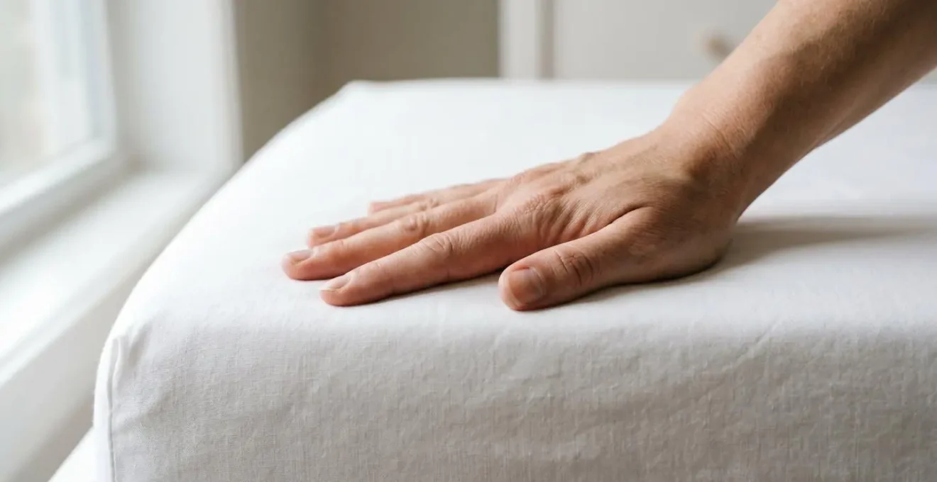 Close-up of parent's hand pressing down on firm white bassinet mattress showing minimal indentation for safe infant sleep