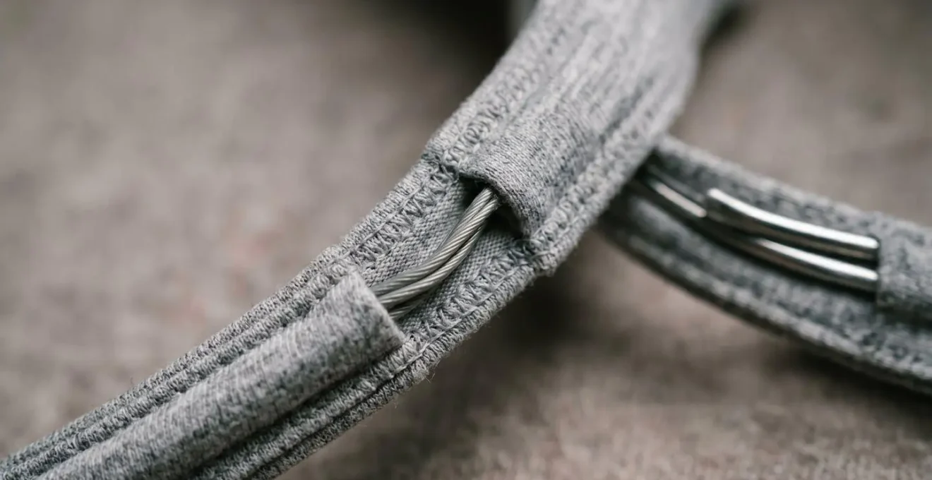 Extreme close-up macro detail of flexible wire nursing bra construction showing fabric texture