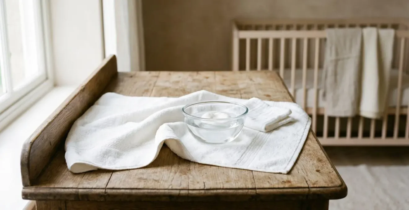 Soft-focus wide shot of a simple white cotton towel and clean glass bowl with water on neutral wooden surface in natural daylight