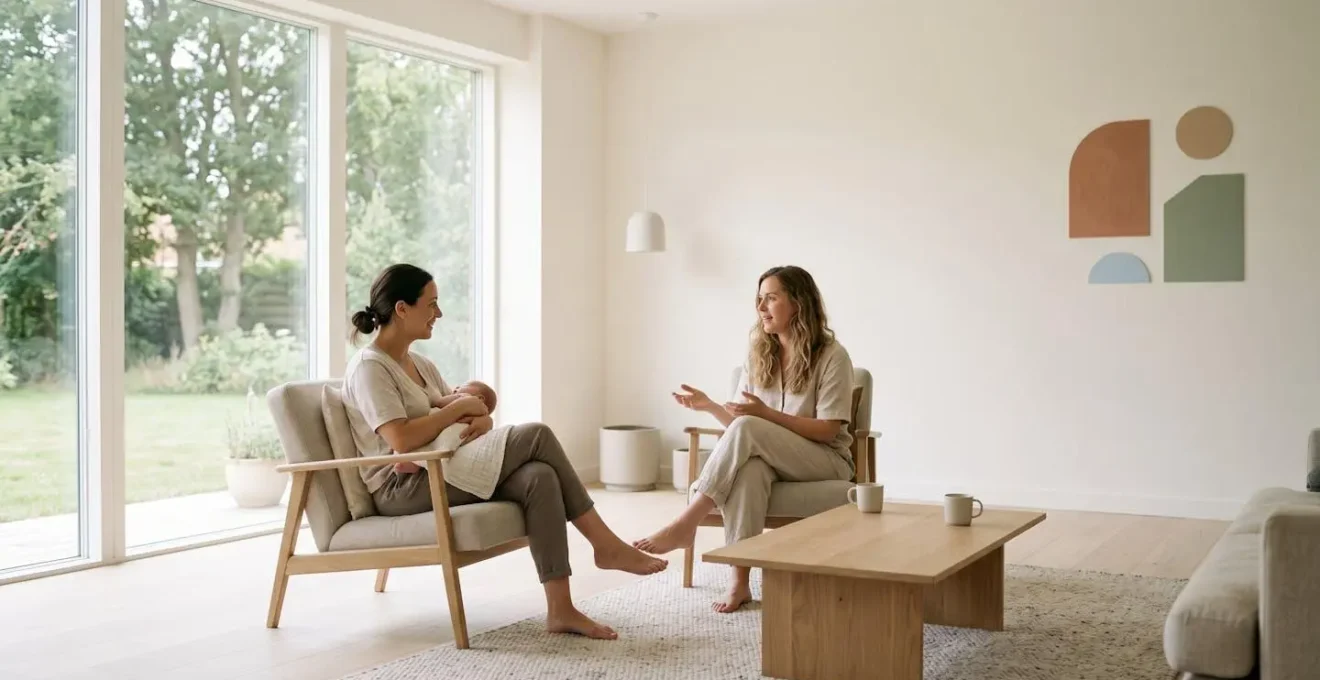 Health visitor conducting supportive home consultation with new mother and infant in comfortable living room setting