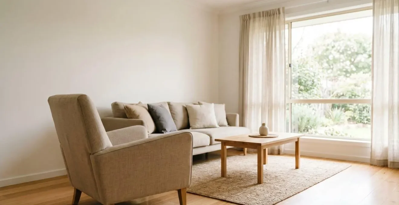 Wide environmental shot of peaceful family living room with soft natural light streaming through window creating calm supportive atmosphere