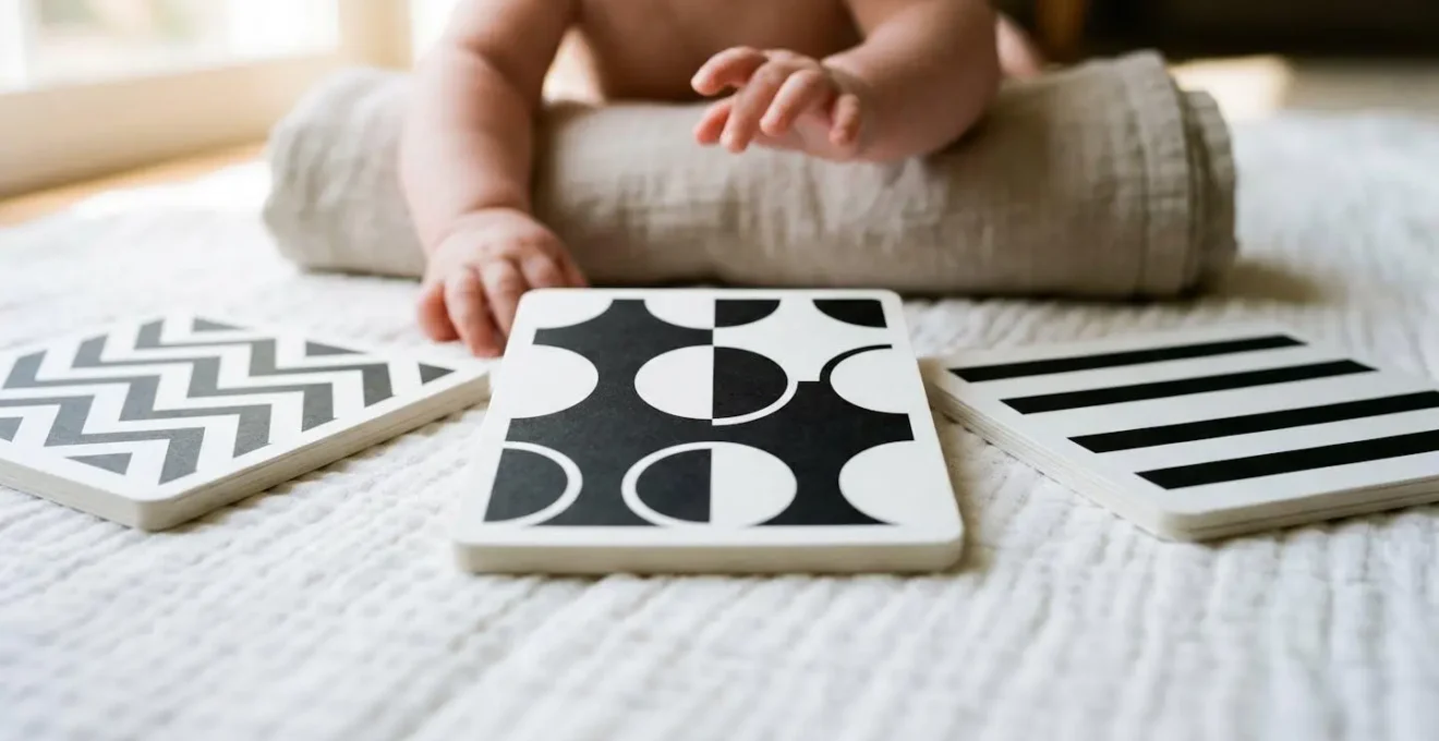 High-contrast geometric pattern cards arranged in arc formation during supervised infant tummy time session