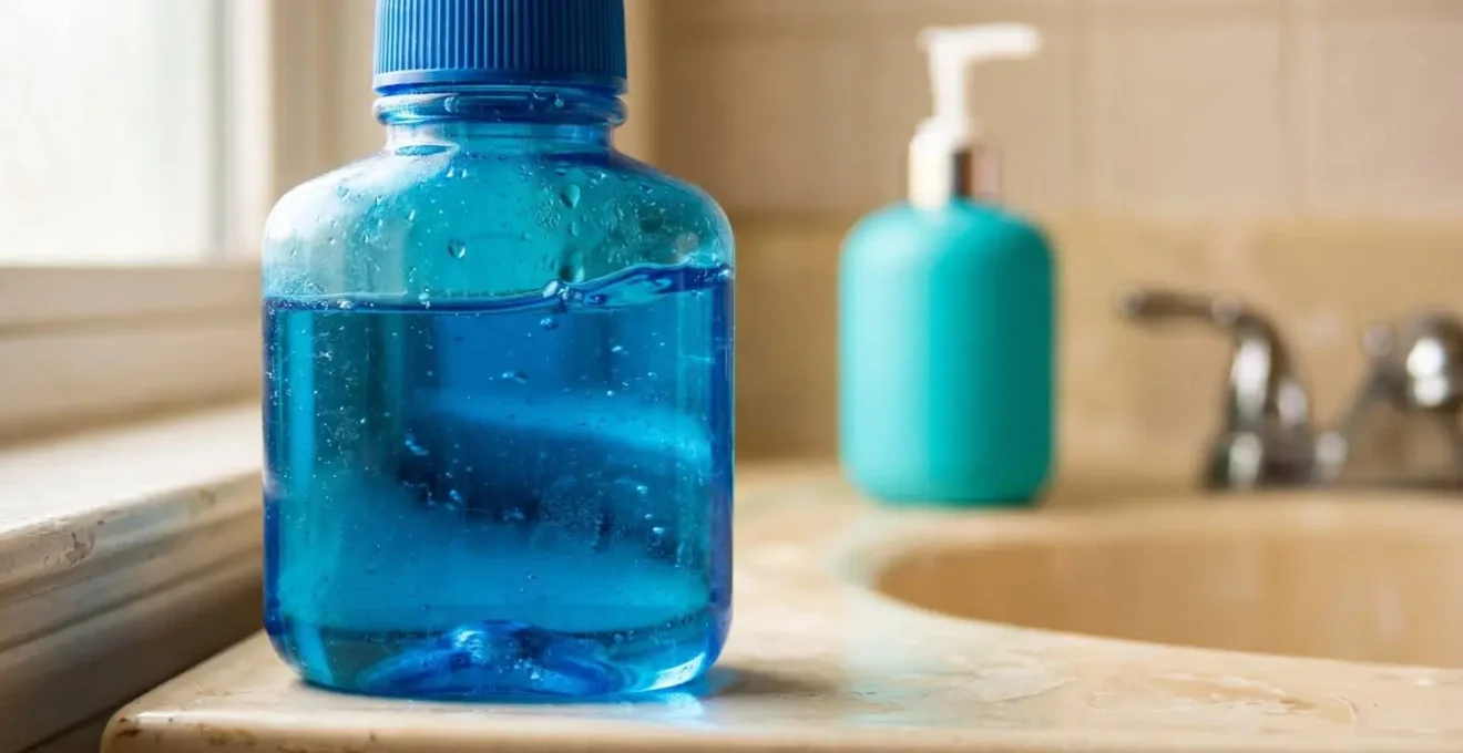 Extreme close-up of brightly colored liquid soap and mouthwash bottles showing texture and color similarity to beverages, photographed from low angle