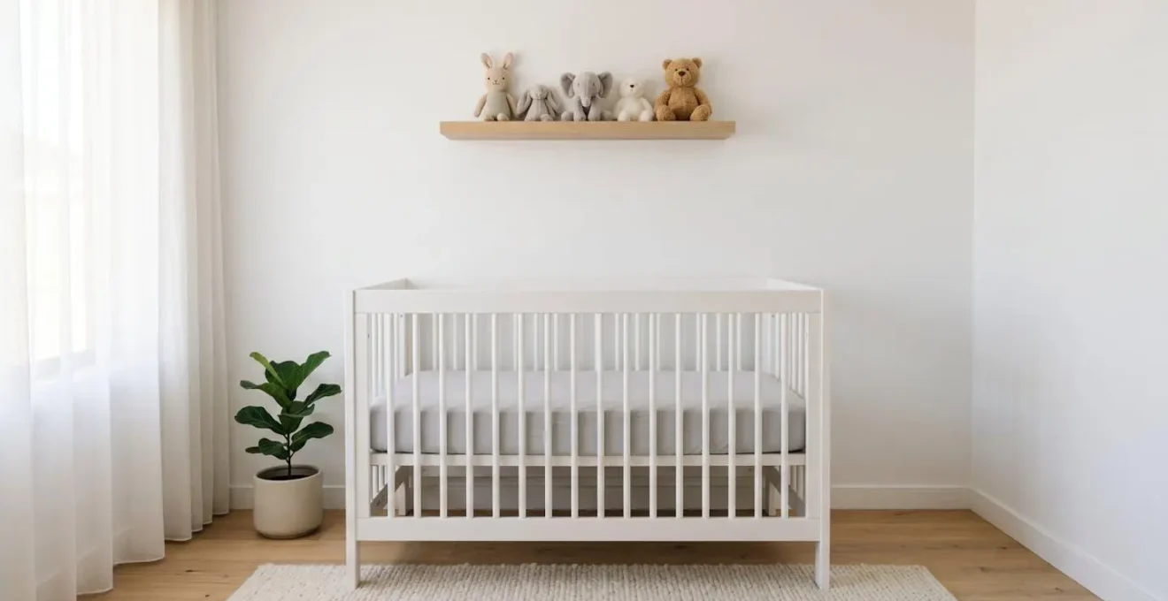 Wide shot of bright minimalist nursery with bare crib showing safe sleep environment and decorative toys on high shelf