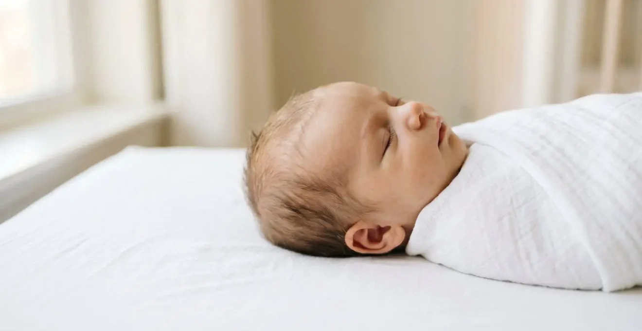 Peaceful newborn sleeping safely on back in crib, side profile showing clear airway and proper head position